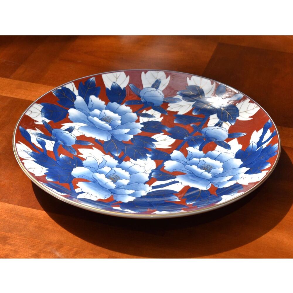 Andrea by Sadek Japanese Imari Porcelain Peony Charger Plate Blue Red - 14"